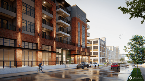 a rendering of a tall brick building with a street with cars and a person riding at Harbor Side at Conwood Flats Apartments, Memphis, TN